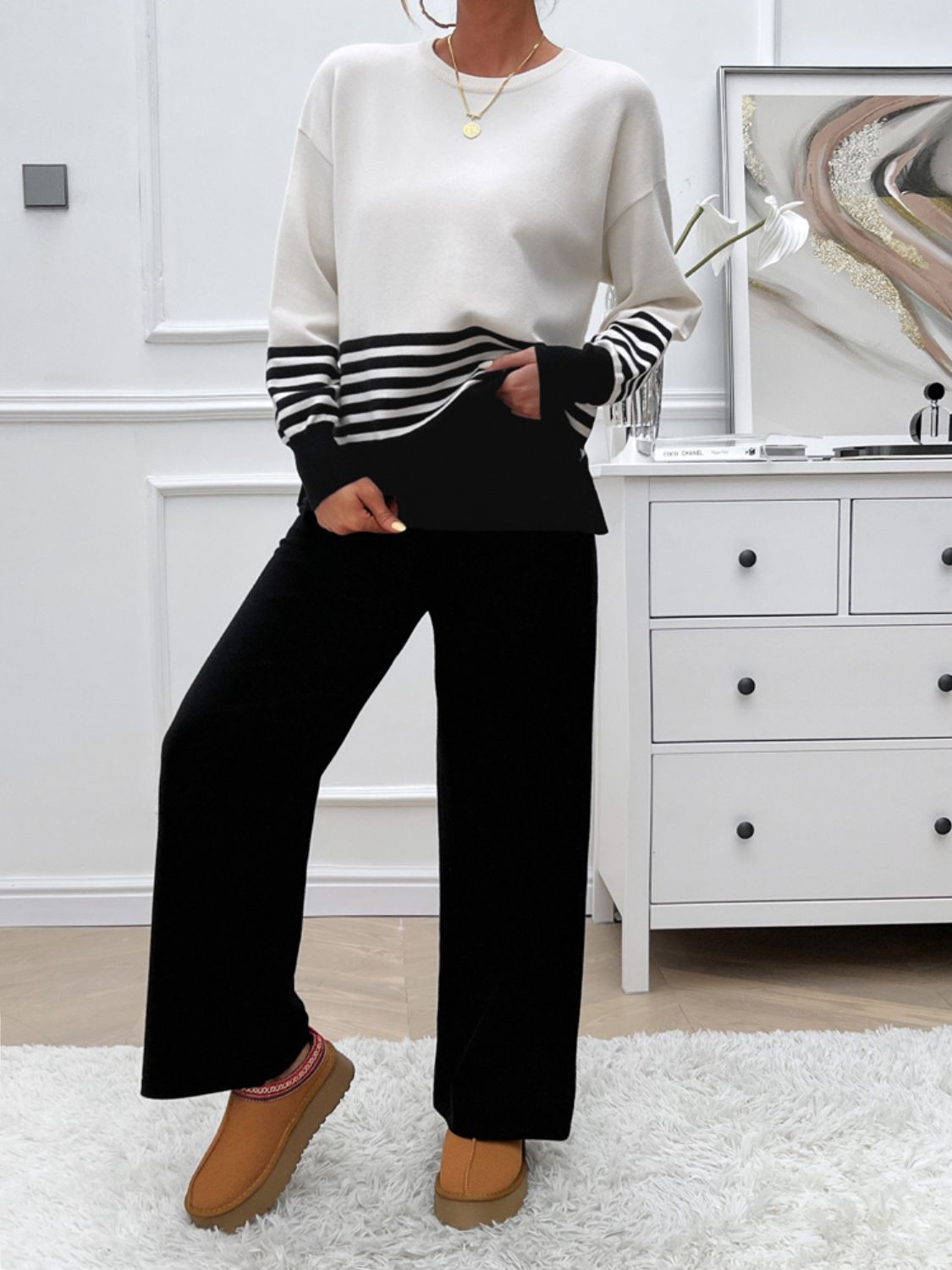 Preorder: Slit Striped Round Neck Sweater Set