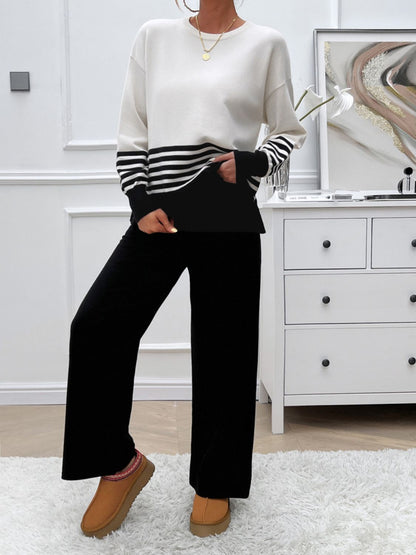Preorder: Slit Striped Round Neck Sweater Set