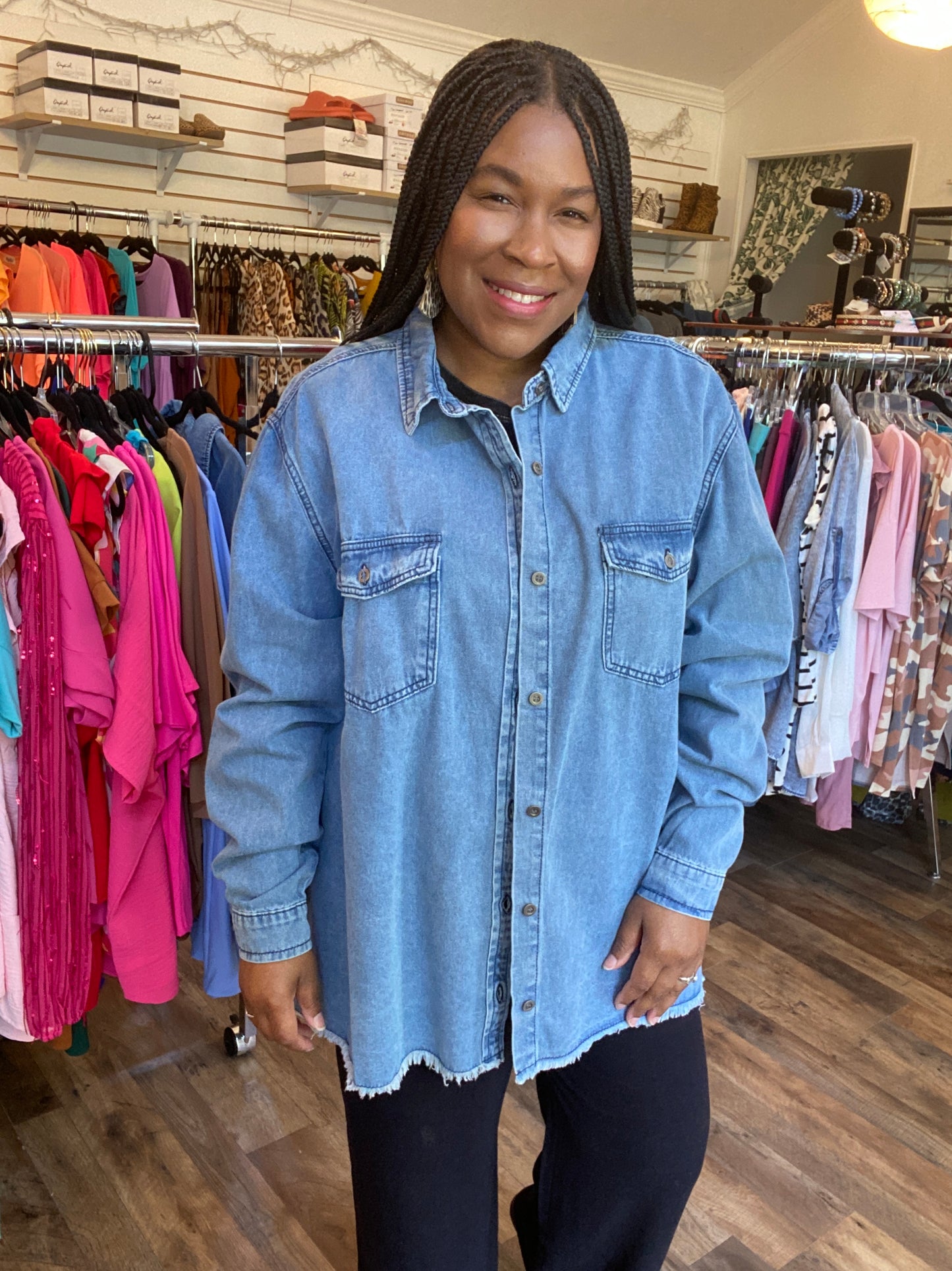 Button Down Denim Tunic Top