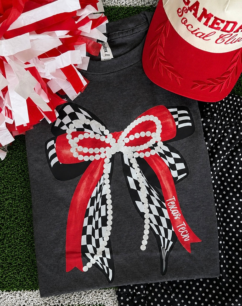 Texas Tech Checkered Pearl Bow Tee