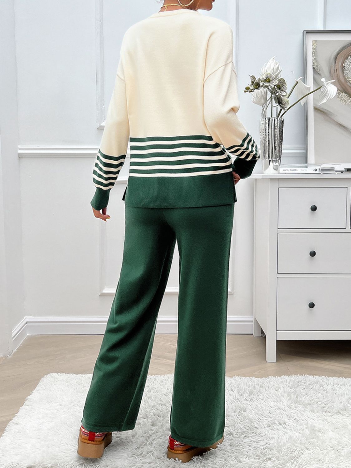 Preorder: Slit Striped Round Neck Sweater Set