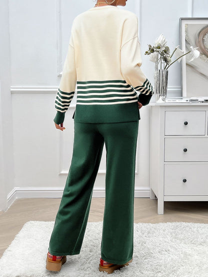 Preorder: Slit Striped Round Neck Sweater Set