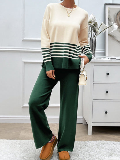 Preorder: Slit Striped Round Neck Sweater Set