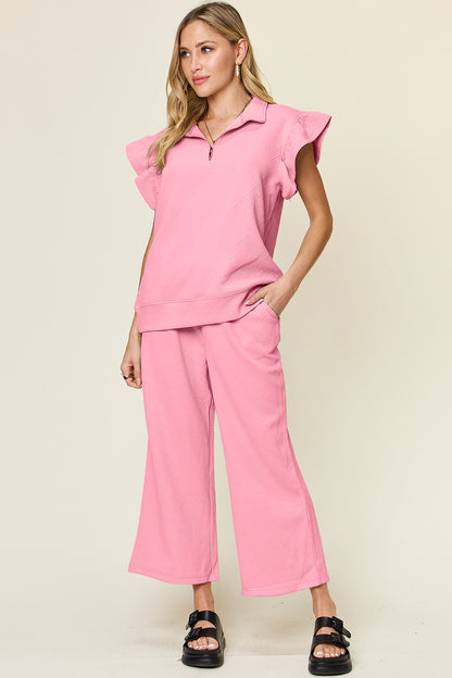 Textured Ruffle Sleeve Wide Leg Pants Set