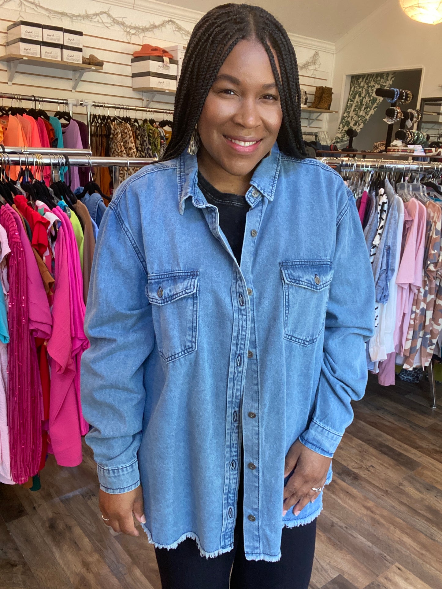 Button Down Denim Tunic Top