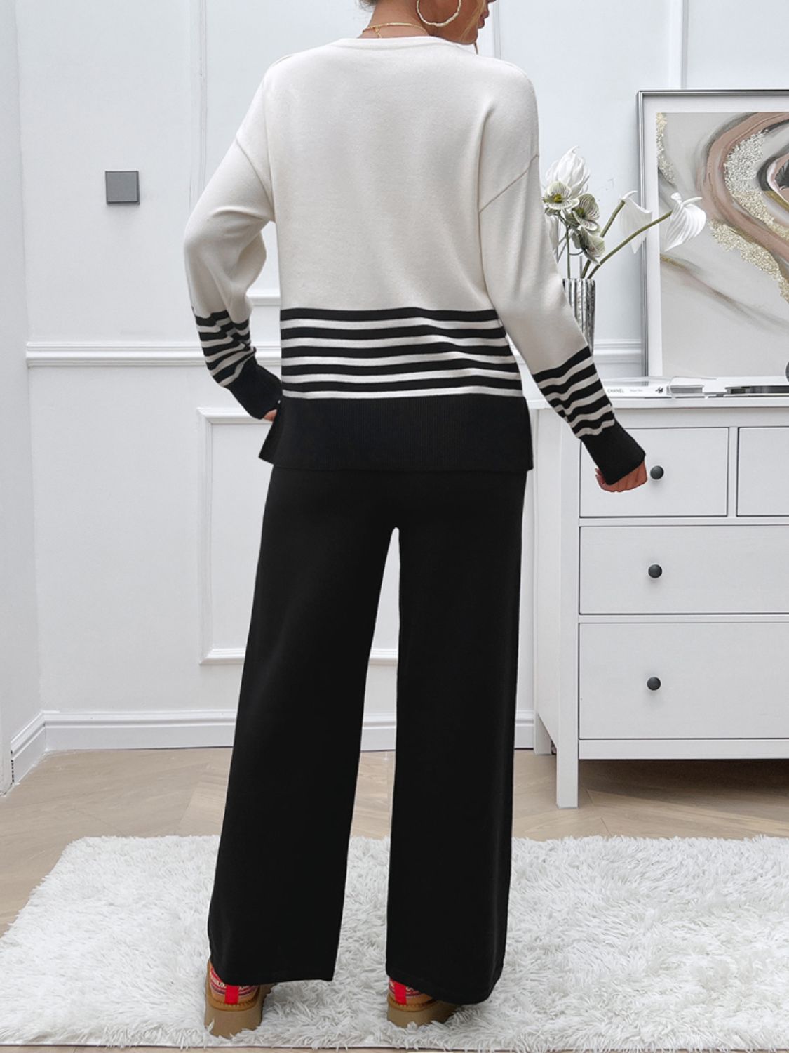 Preorder: Slit Striped Round Neck Sweater Set