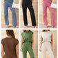 Round Neck Cap Sleeve Top and Pants Knit Set