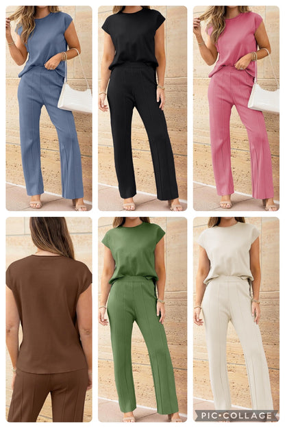 Round Neck Cap Sleeve Top and Pants Knit Set