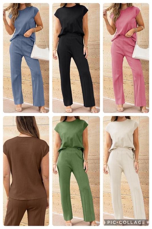 Round Neck Cap Sleeve Top and Pants Knit Set