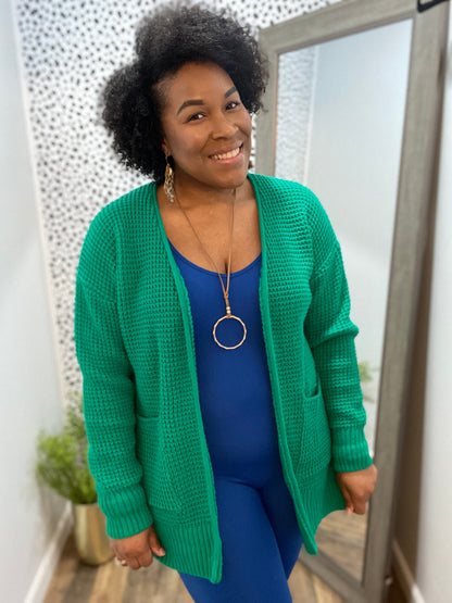 Kelly Green Waffle Cardigan