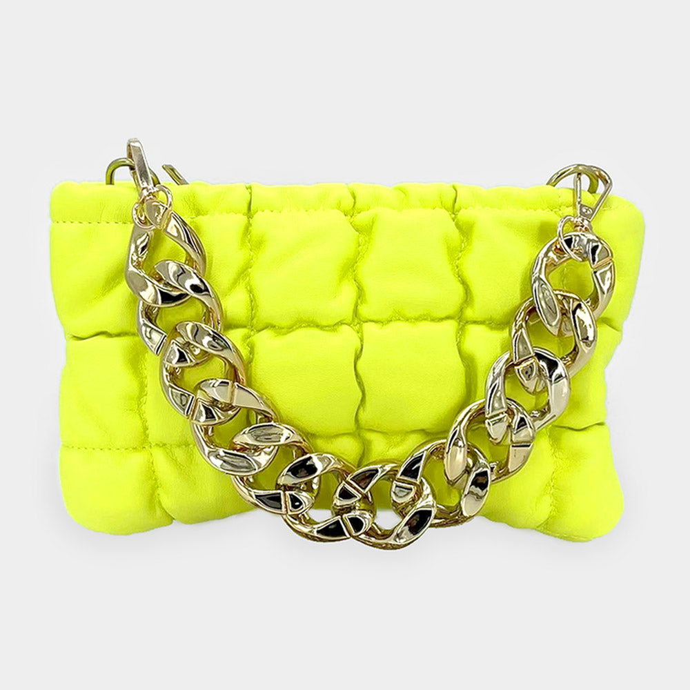 Faux Leather Padded Puffer Shoulder/Crossbody Bag With Chain Strap
