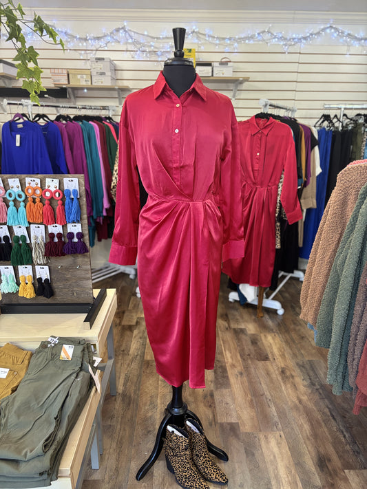 Ruched Satin Midi Dress