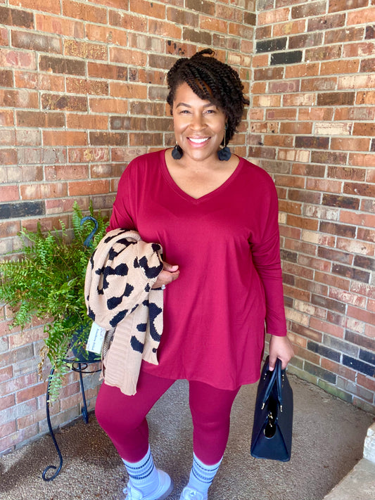 Long Sleeve Cabernet Lounge Set Vneck
