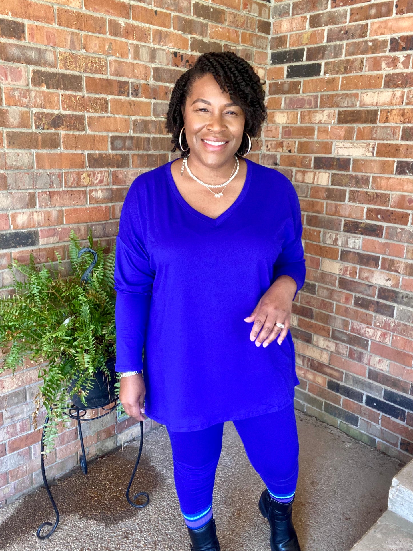 Long Sleeve Bright Blue Lounge Set V-Neck (Misses)