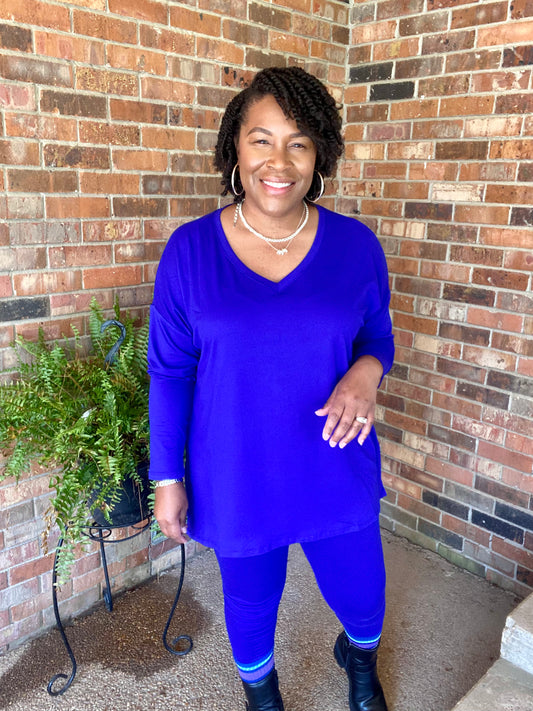 Long Sleeve Bright Blue Lounge Set V-Neck (Misses)