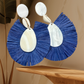 Puka Shell Mother of Pearl Teardrop Raffia Trimmed Dangle Earrings