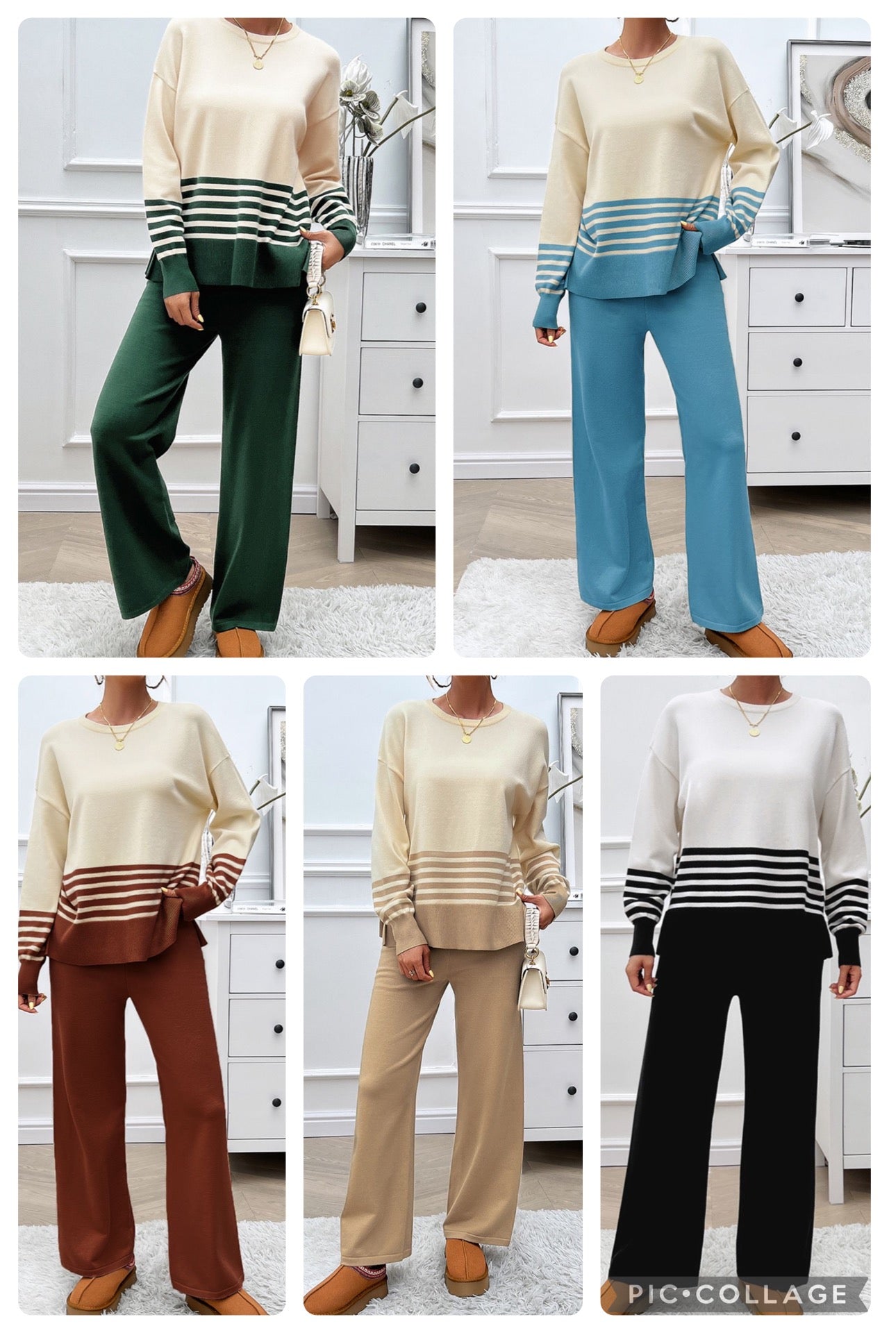 Preorder: Slit Striped Round Neck Sweater Set