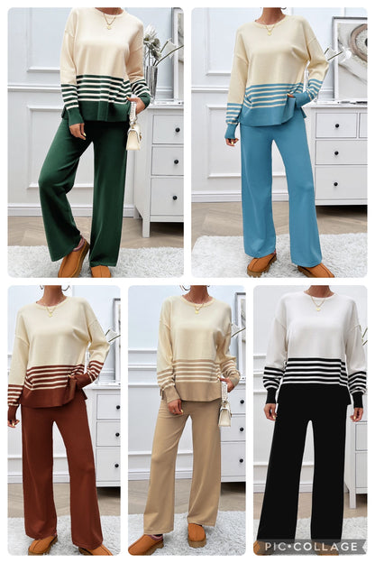 Preorder: Slit Striped Round Neck Sweater Set