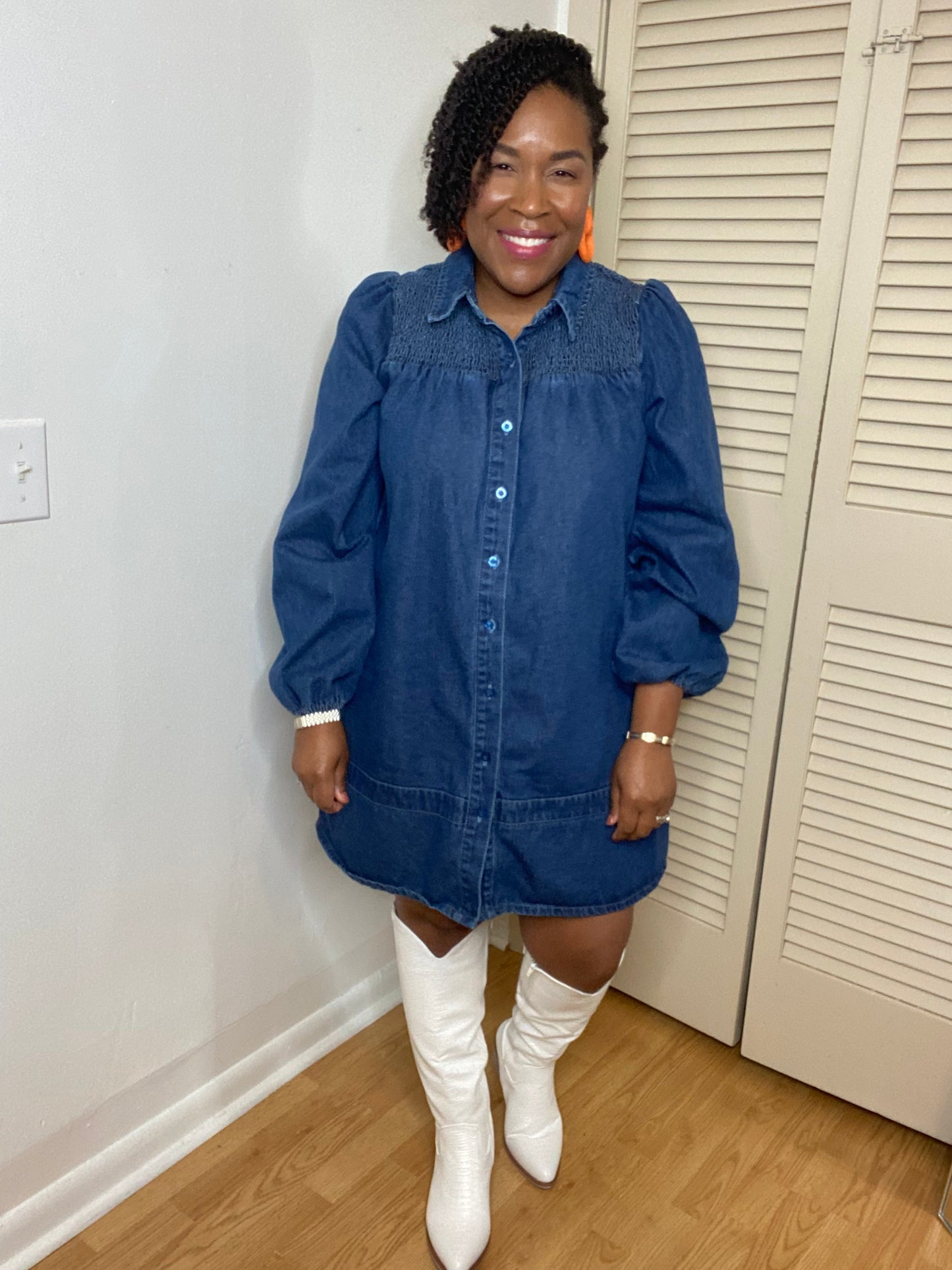 Smocked Shoulder Denim Dress