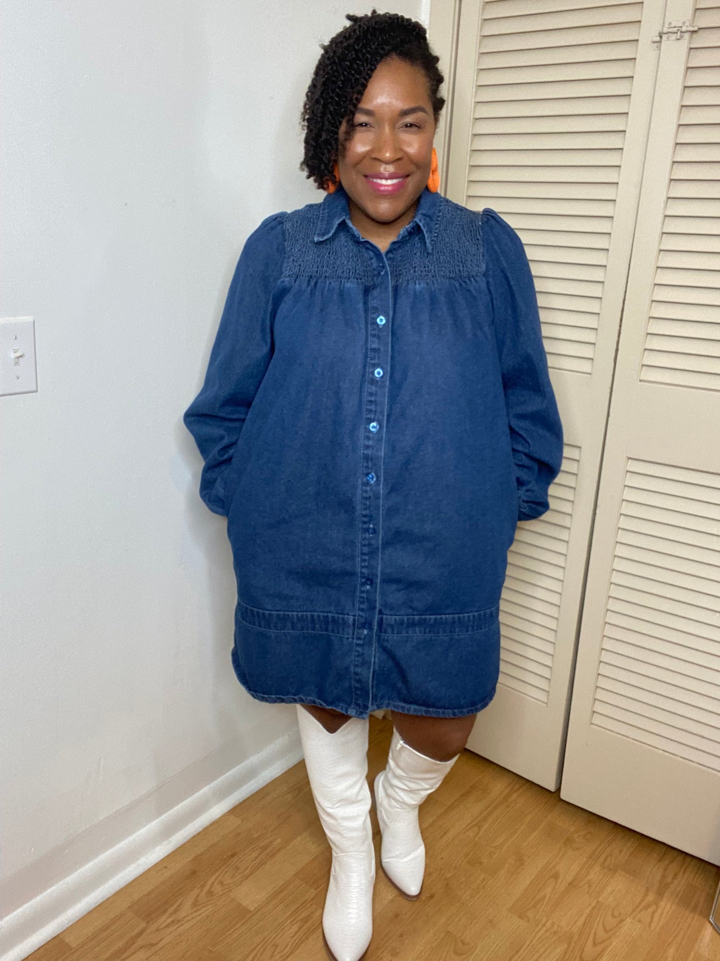 Smocked Shoulder Denim Dress