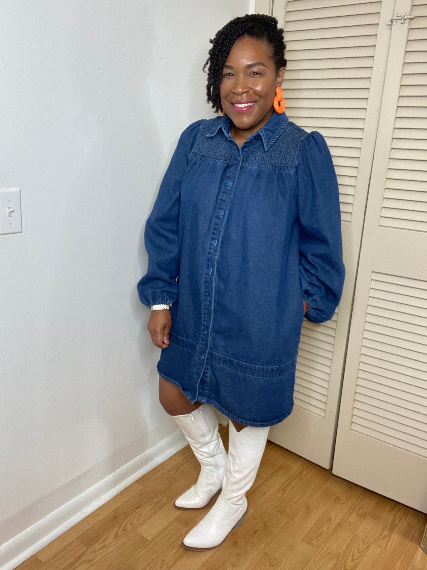 Smocked Shoulder Denim Dress