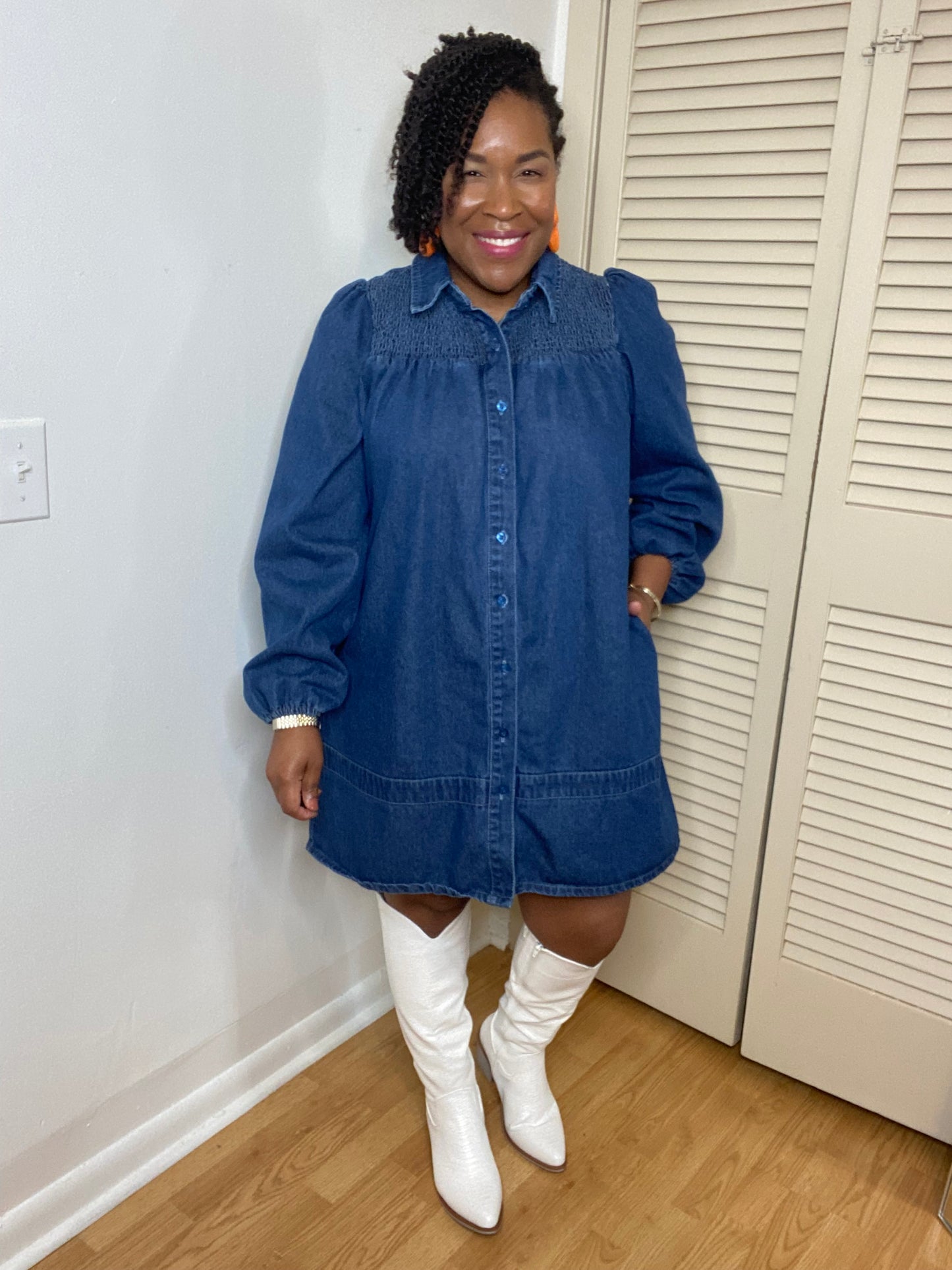 Smocked Shoulder Denim Dress