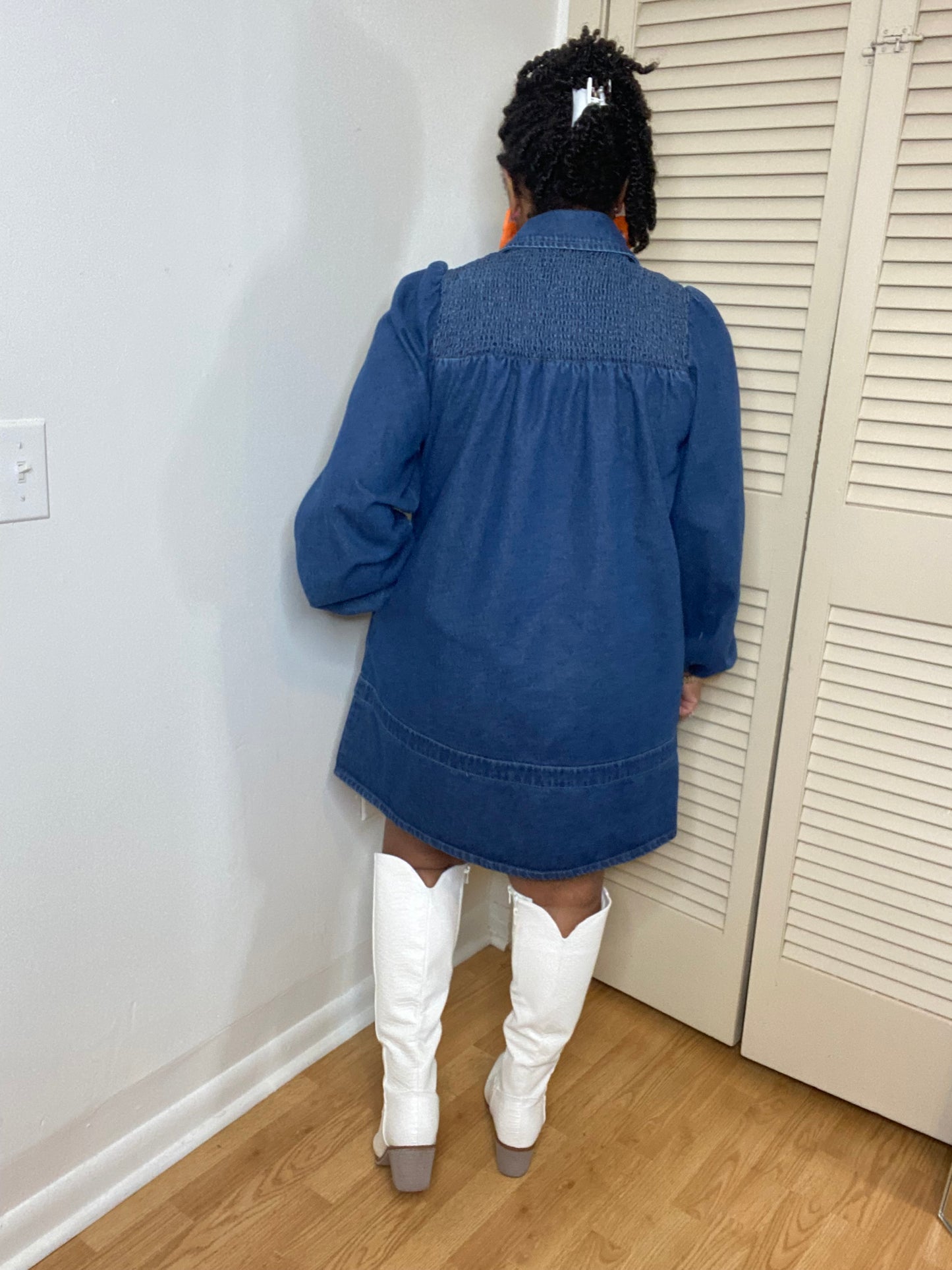 Smocked Shoulder Denim Dress