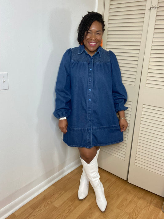 Smocked Shoulder Denim Dress