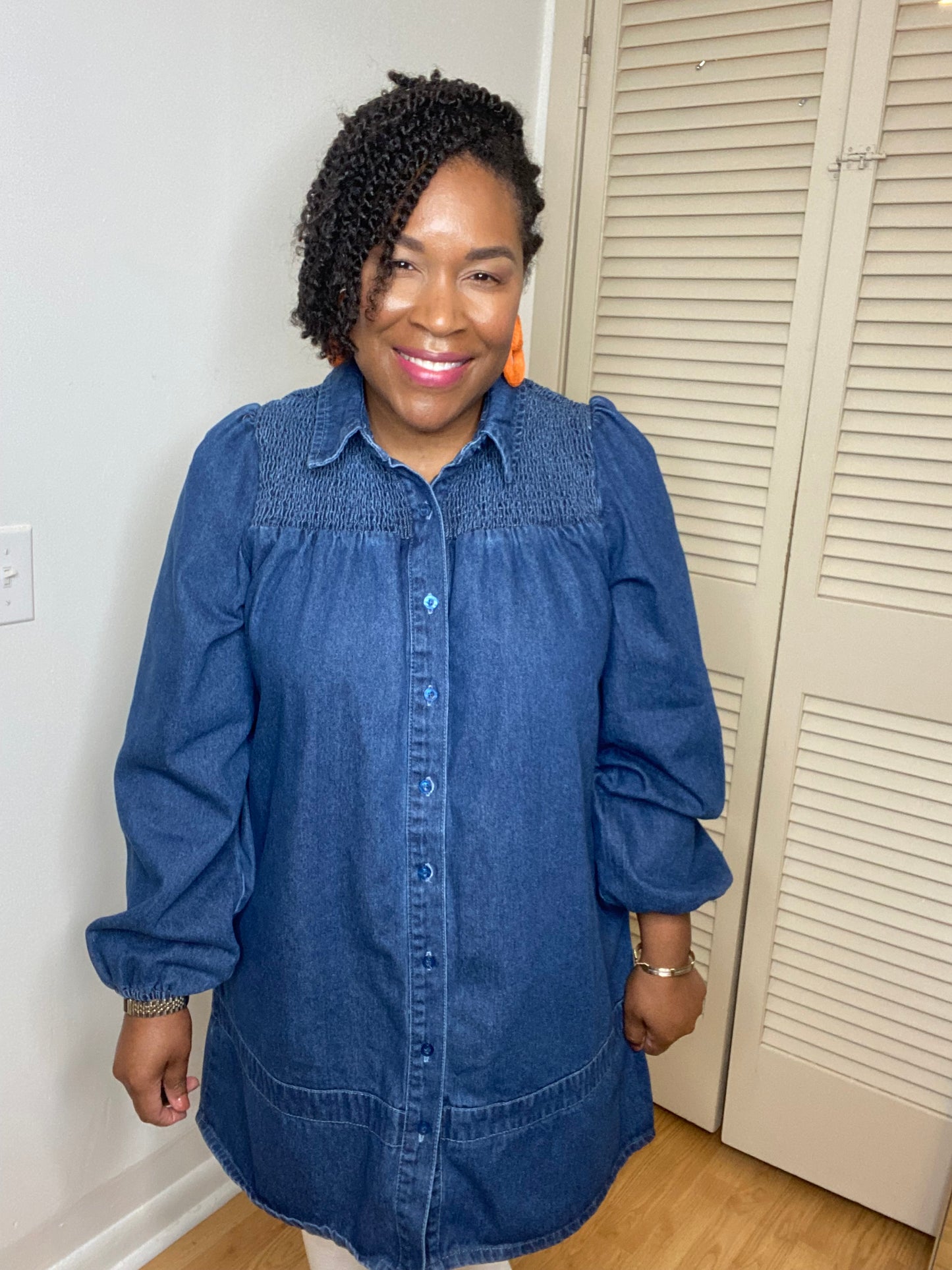 Smocked Shoulder Denim Dress
