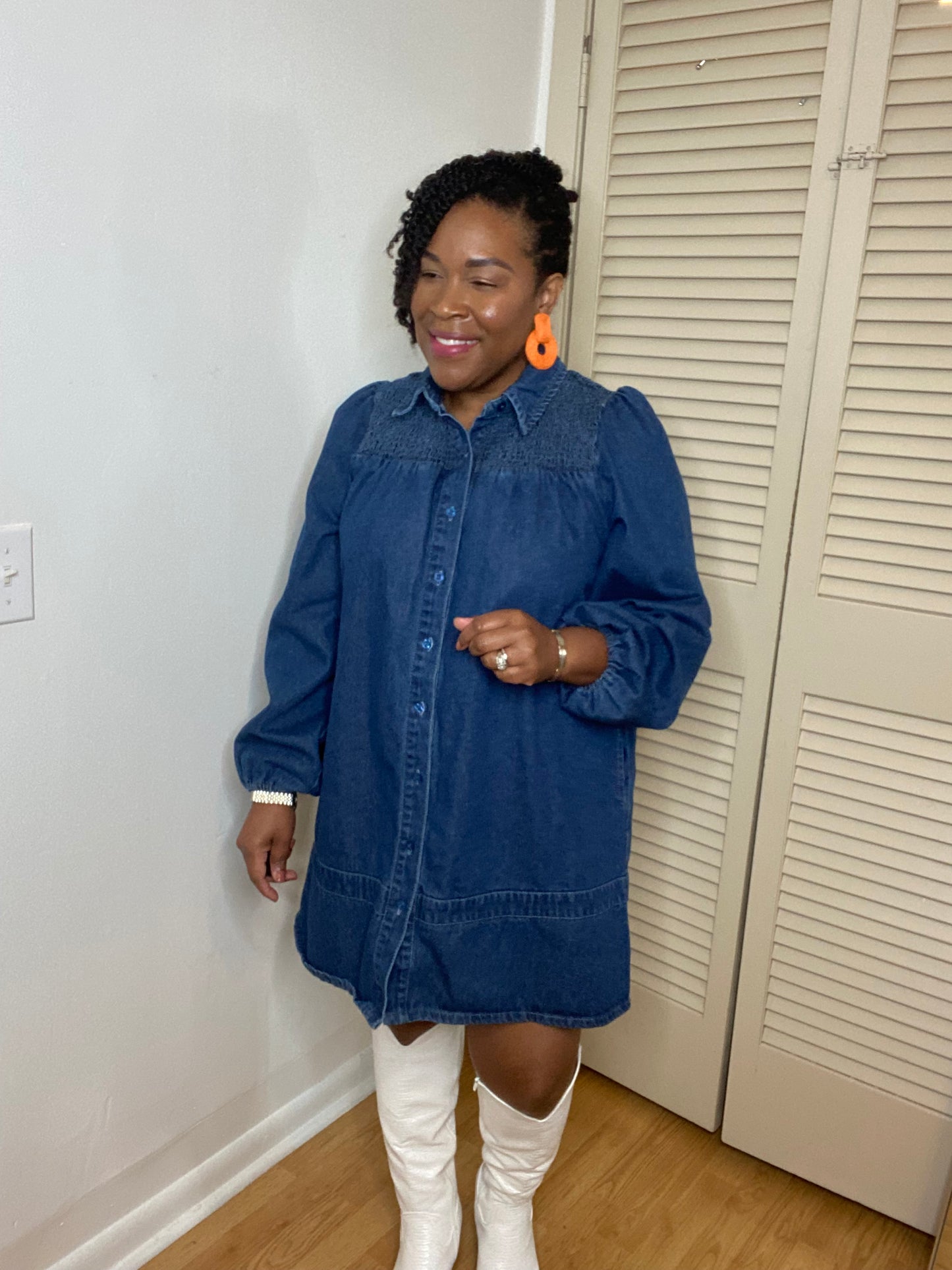 Smocked Shoulder Denim Dress