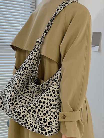 Leopard Print Shoulder Canvas Bag - Black