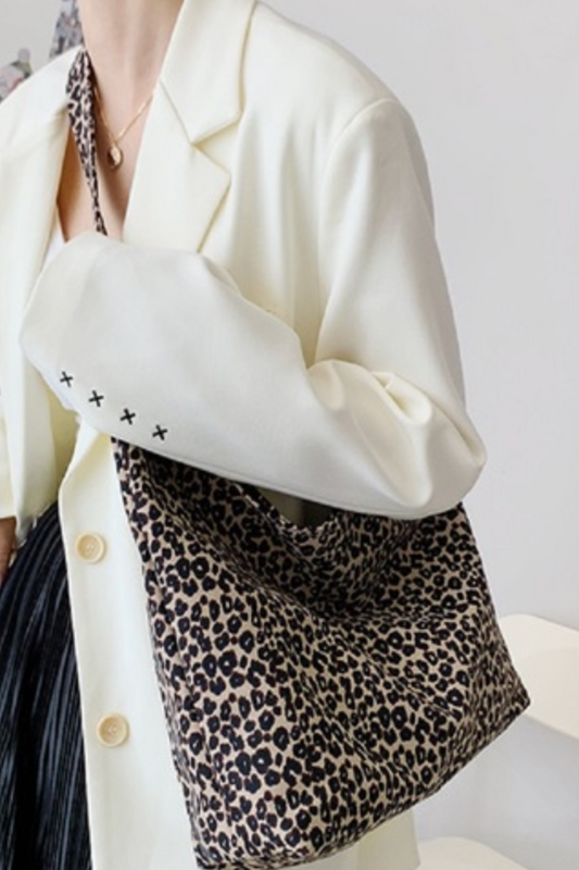 Leopard Print Shoulder Canvas Bag - Brown