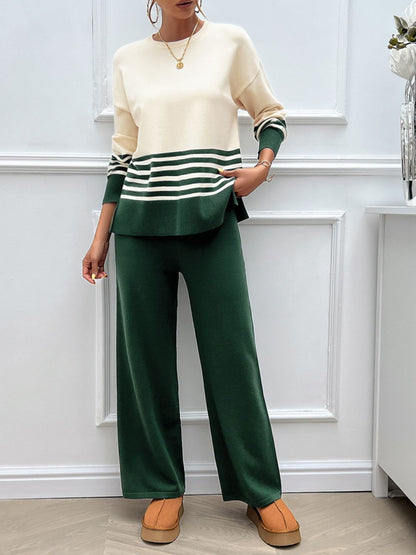 Preorder: Slit Striped Round Neck Sweater Set