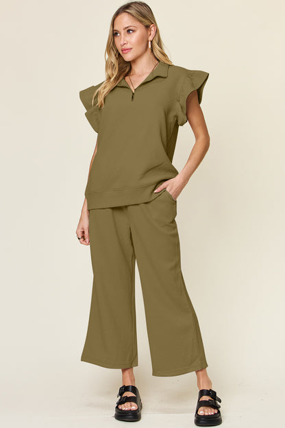 Textured Ruffle Sleeve Wide Leg Pants Set
