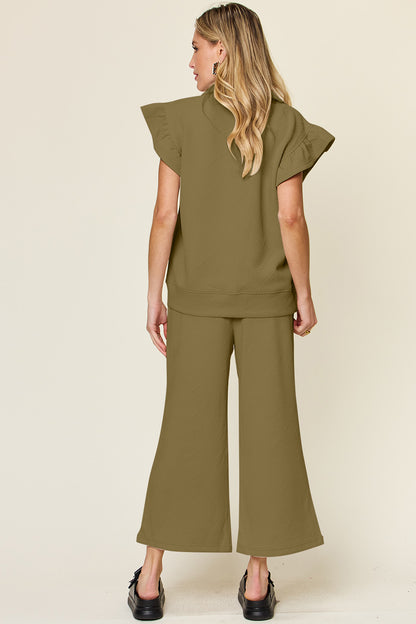 Textured Ruffle Sleeve Wide Leg Pants Set