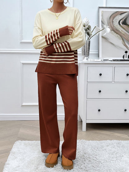 Preorder: Slit Striped Round Neck Sweater Set