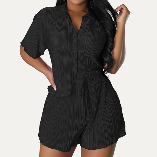 Trendy Crinkled Button-Up Short Sleeve Top and Shorts Set: BLACK