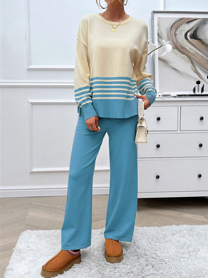 Preorder: Slit Striped Round Neck Sweater Set