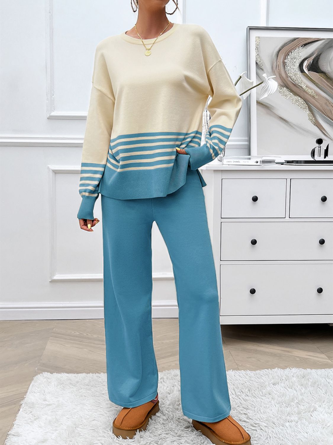 Preorder: Slit Striped Round Neck Sweater Set
