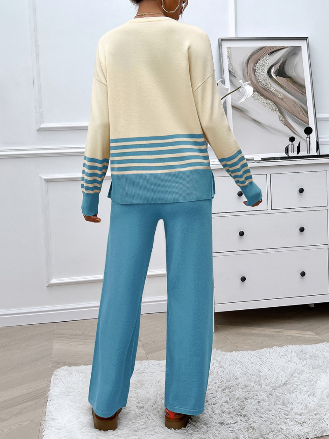 Preorder: Slit Striped Round Neck Sweater Set