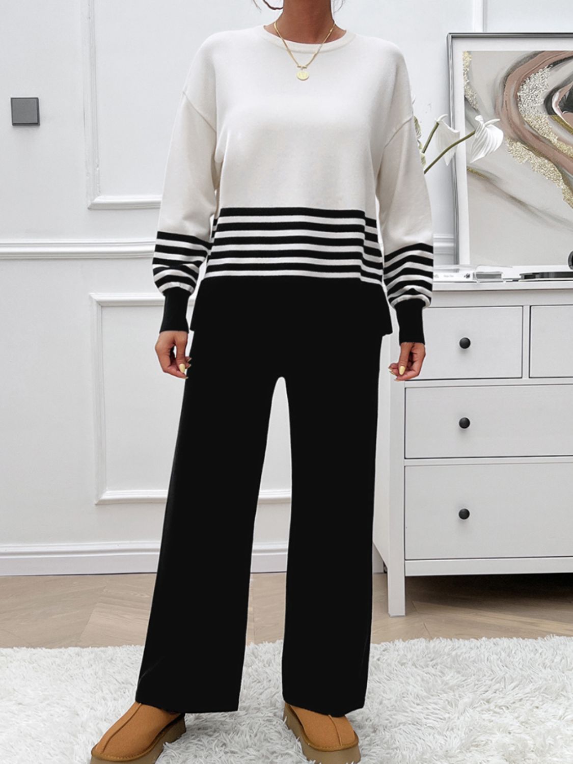 Preorder: Slit Striped Round Neck Sweater Set