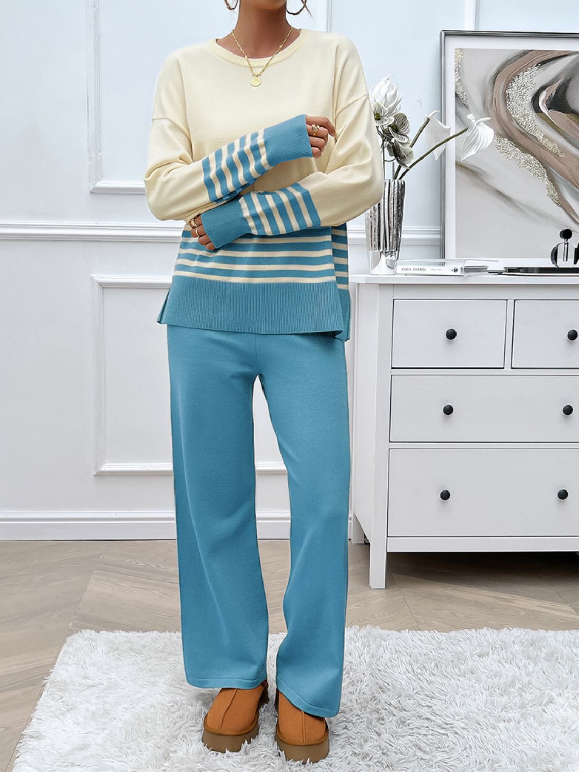 Preorder: Slit Striped Round Neck Sweater Set