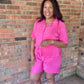 Trendy Crinkled Button-Up Short Sleeve Top and Shorts Set: ROSE PINK