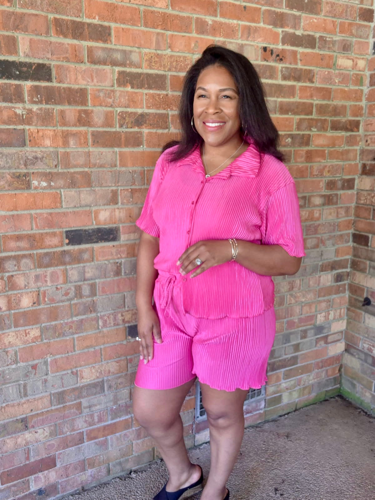 Trendy Crinkled Button-Up Short Sleeve Top and Shorts Set: ROSE PINK