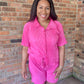 Trendy Crinkled Button-Up Short Sleeve Top and Shorts Set: ROSE PINK