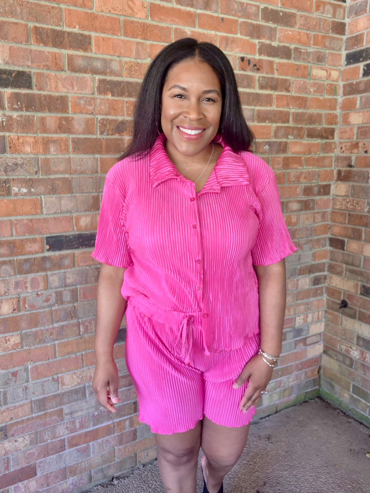 Trendy Crinkled Button-Up Short Sleeve Top and Shorts Set: ROSE PINK