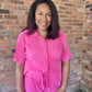 Trendy Crinkled Button-Up Short Sleeve Top and Shorts Set: ROSE PINK