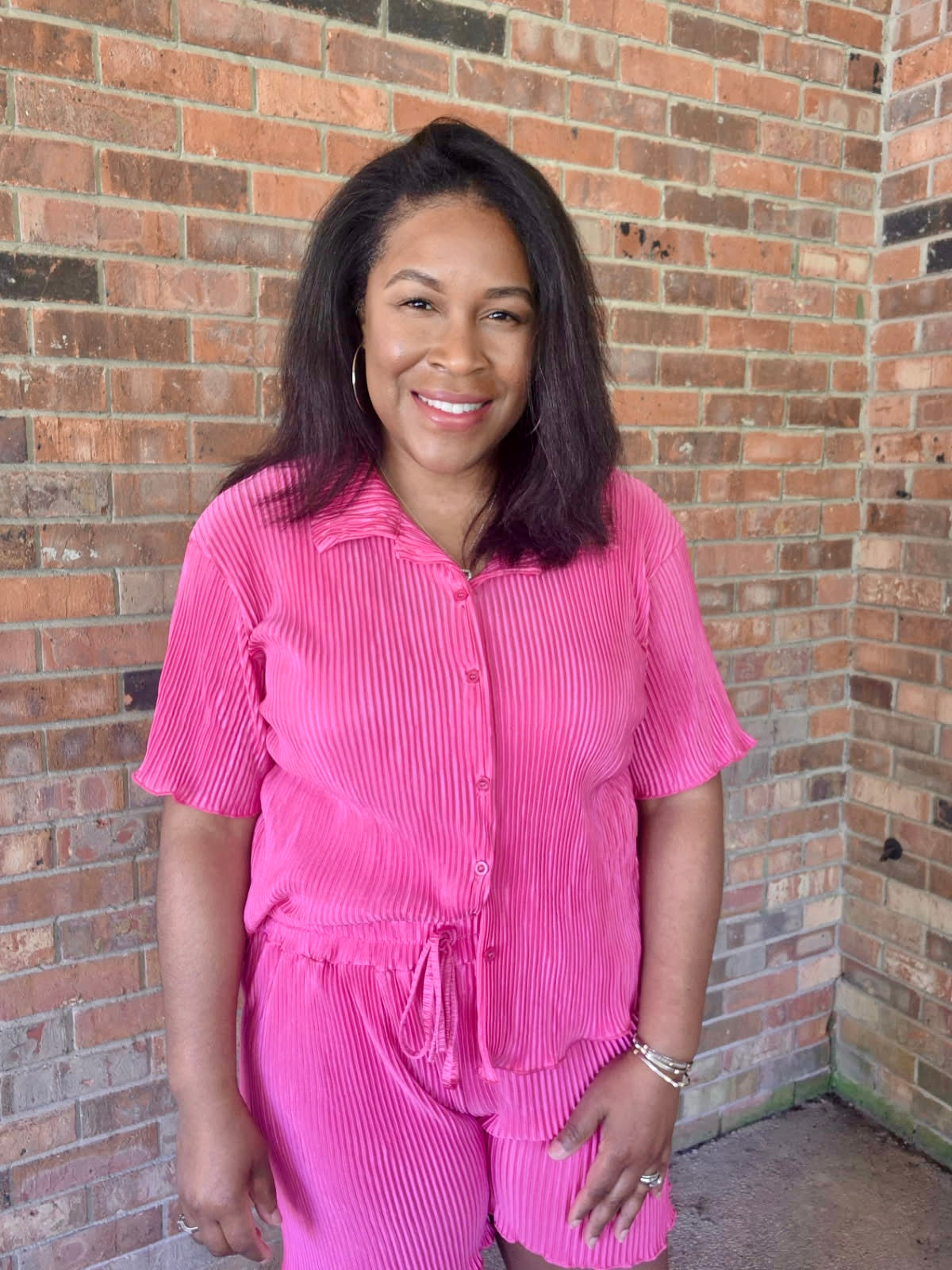 Trendy Crinkled Button-Up Short Sleeve Top and Shorts Set: ROSE PINK