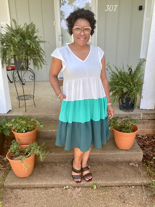 Ivory & Green  Color Block Dress
