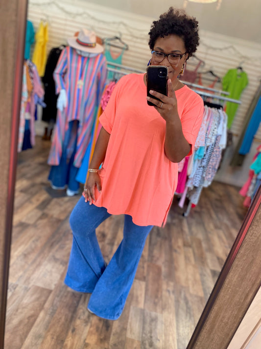 Coral Rolled Sleeve Top